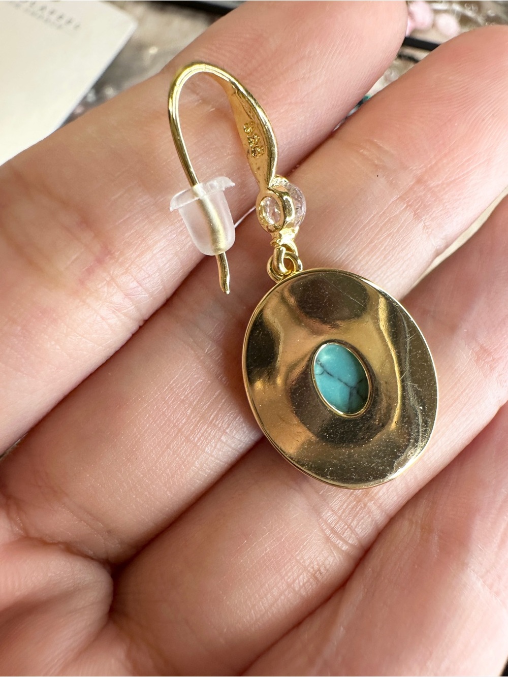 Mother of Pearl Turquoise s925 Hooked Earrings -Oval 20×15.7 mm, length 1.4 inch - Picture 4 of 4